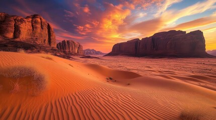 Naklejka premium Red sand dunes under dramatic sunset sky.