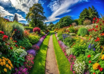 Tranquil Grass Garden Path Surrounded by Lush Greenery and Vibrant Flowers in Natural Light
