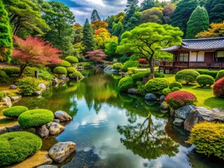 Fototapeta premium Tranquil Japanese Garden with Lush Greenery and Serene Water Features in a Peaceful Setting