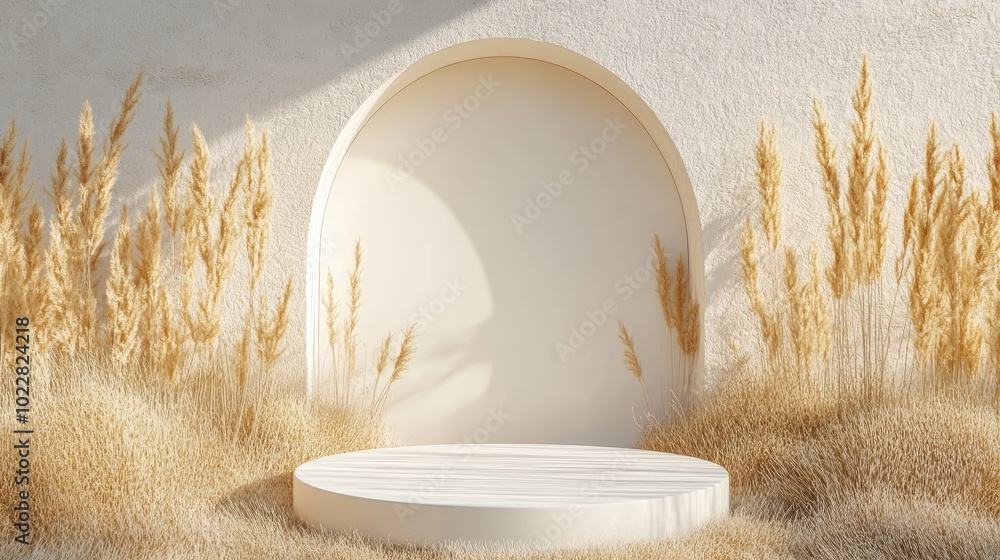 Aufkleber 3D podium background featuring a pedestal on dry grass Summer product display scene with a classical arch studio setting Minimalist showcase 3D render for advertisement and illustration
