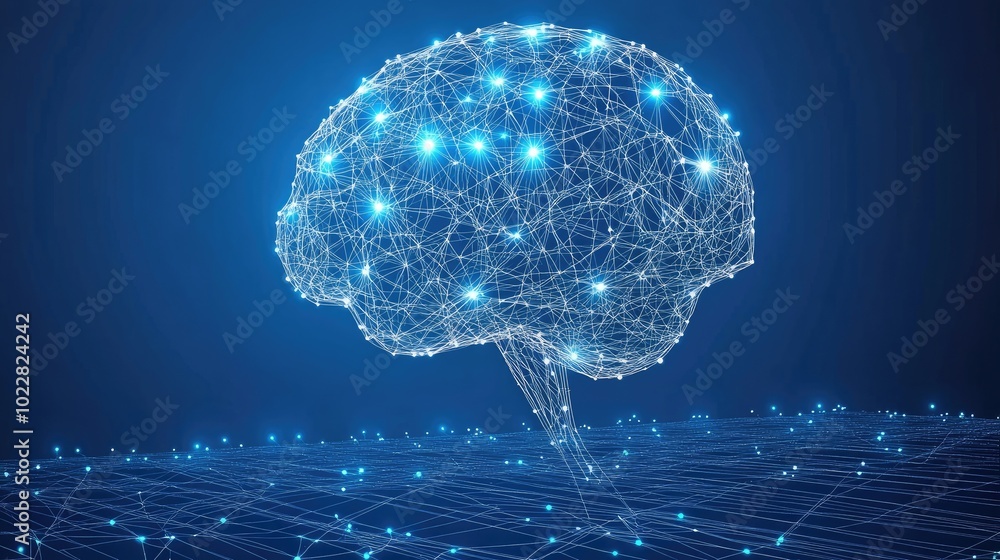 Poster a digital ai brain made of glowing lines and dots, representing the evolution of artificial intellig