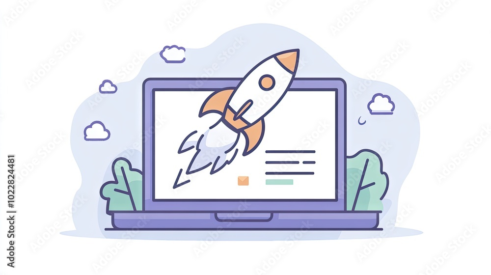 Poster a digital rocket launching out of a laptop screen on a simple background, symbolizing rapid progress
