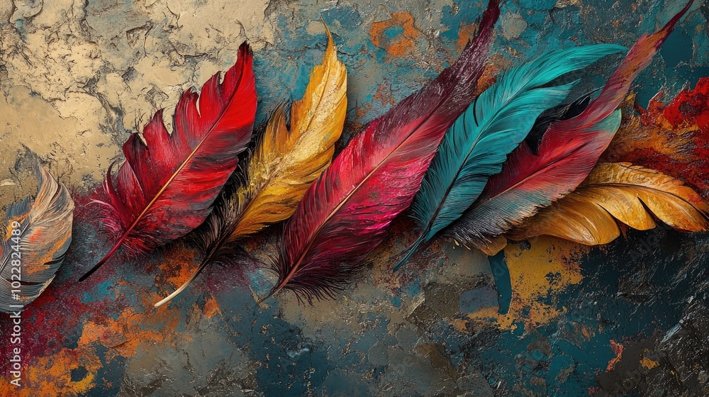 Aufkleber artwork featuring a composition of vibrant feathers on a textured backdrop suitable for interior dec