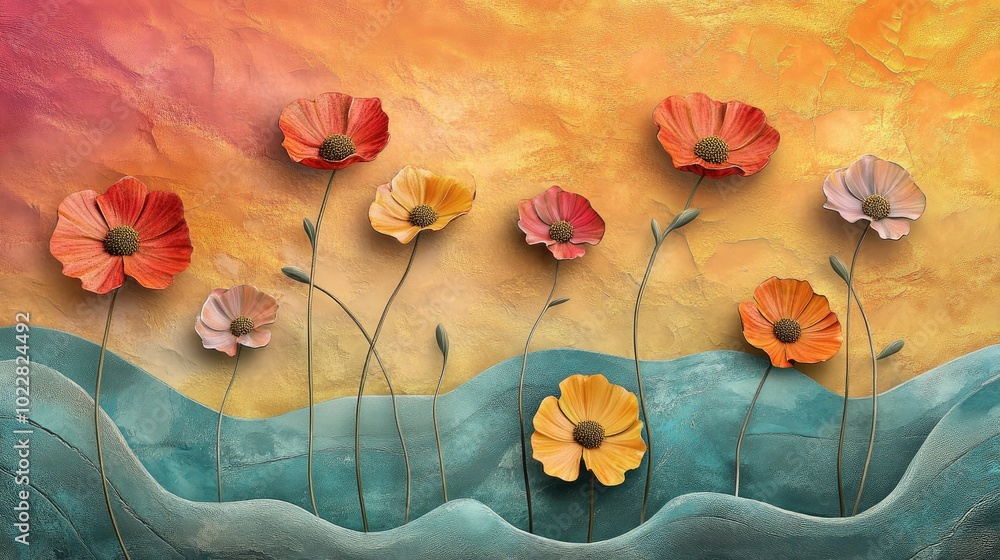 Poster artistic depiction of flowers on wavy stems featuring a vibrant and textured background with fluid w