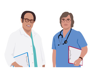 Couple of smiling  senior doctors. Man and woman experiences medic workers in uniform scrubs and white coat with stethoscopes and tablet . Flat vector  illustration isolated on transparent background.