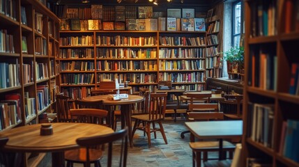 Cozy reading nook with bookshelves and tables.