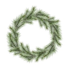 Round frame, wreath of pine needles, spruce, pine. Watercolor illustration on white background. Decoration for holiday, Christmas, New Year, celebration. Autumn, winter decor