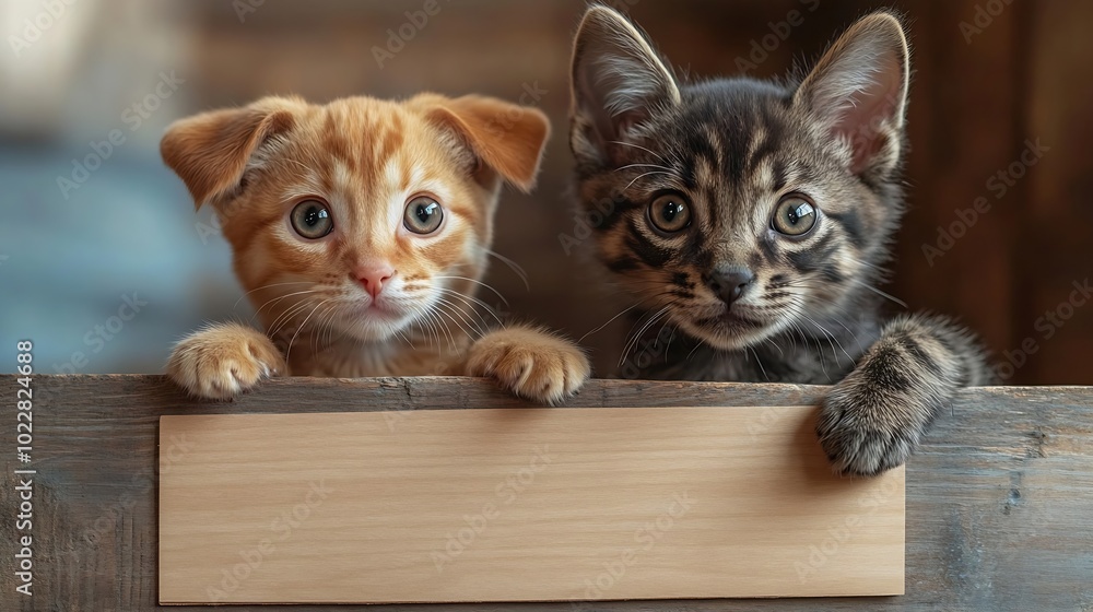 Poster pets store concept puppy dog and pet cat together showing a placard display isolated on white backgr