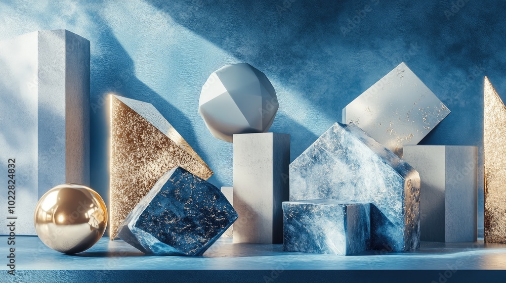 Poster 3d rendering of a blue scene featuring a collection of geometric shapes in gold marble