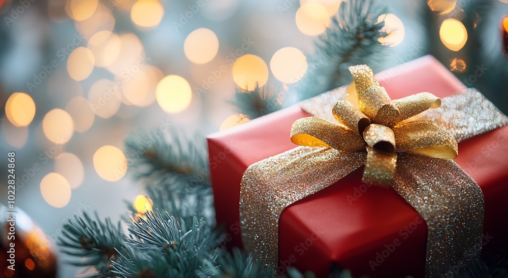 Poster a red christmas present gift box with a golden bow on a tree branch against a blurred background : g