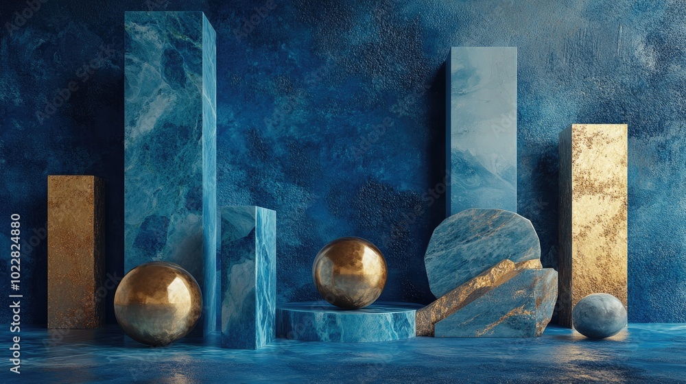 Poster 3d rendering of a blue scene featuring a collection of geometric shapes in gold marble