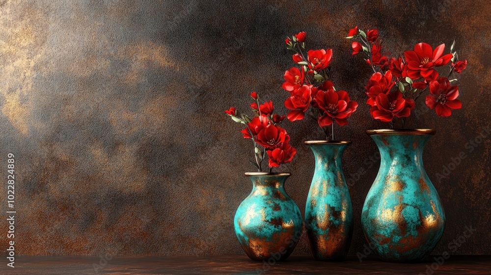 Poster 3d rendering of turquoise and gold vases featuring red flowers against a dark brown backdrop digital