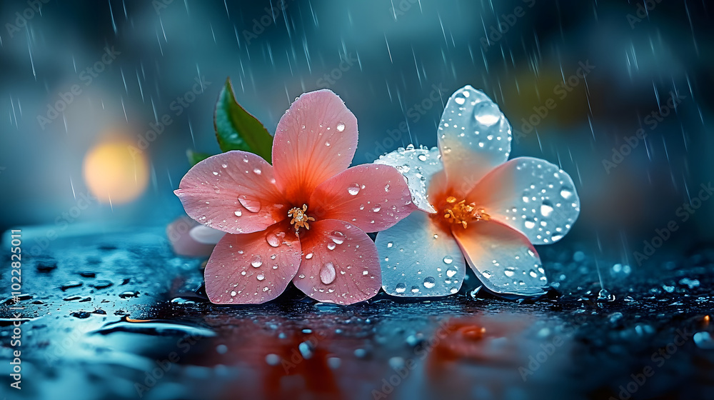 Wall mural A pair of flowers resting atop a wet table, perched above a puddle of water