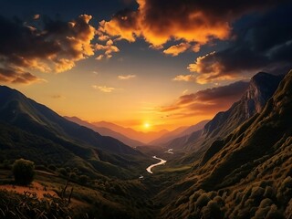 Sunset over Mountain Valley with River
