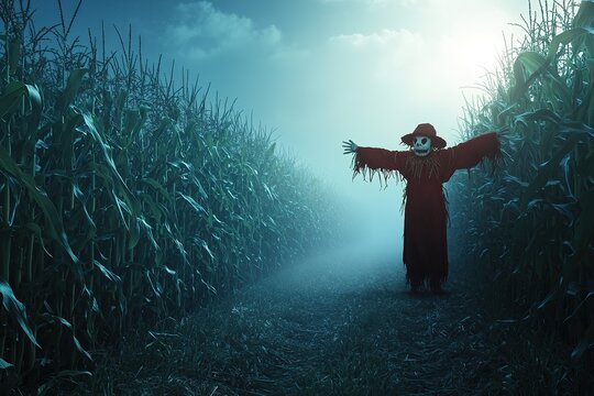 Scarecrow in moonlit cornfield evokes eerie atmosphere.