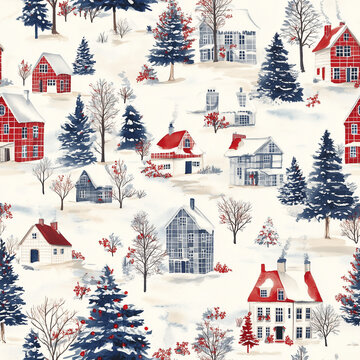 Watercolor Christmas seamless pattern with winter houses. Hand painted wood cabins with fence and snowy fir trees isolated on white. Cozy village background design for wrapping, wallpaper