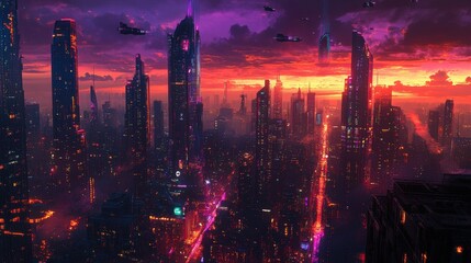 Fototapeta premium Futuristic city skyline at sunset with flying vehicles.