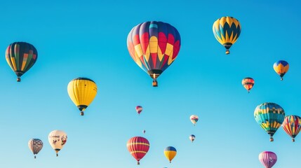 Colorful hot air balloons float in a blue sky.