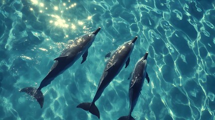 Fototapeta premium Playful Dolphins in Crystal-Clear Water: A small pod of dolphins swims gracefully near the ocean surface, with rays of sunlight filtering through the clear water, creating a sparkling effect. The