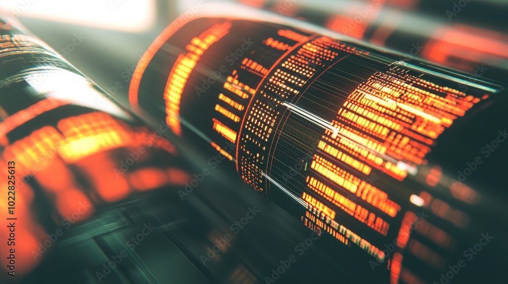 Poster a glowing digital eye embedded in a futuristic tunnel of light and code, representing technological 