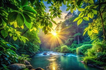 Tranquil Nature Scene with Lush Greenery and Soft Sunlight Filtering Through the Leaves Above