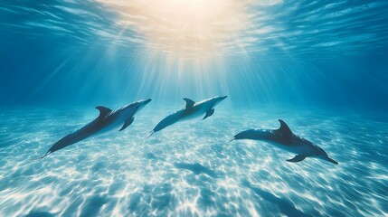 Playful Dolphins in Crystal-Clear Water: A small pod of dolphins swims gracefully near the ocean surface, with rays of sunlight filtering through the clear water, creating a sparkling effect. The
