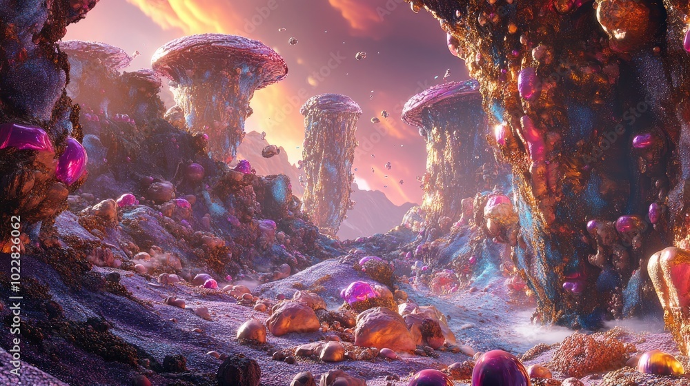 Aufkleber 3d rendering of a fantastical landscape featuring metallic rocks in a vibrant imaginative setting