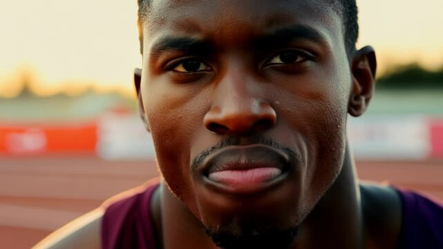 Determined young athlete is breathing heavily and preparing himself mentally and physically for the race ahead on a blurry track and field