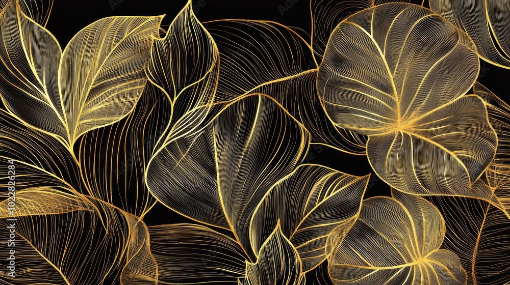 Poster abstract art background featuring tropical leaves in gold line art style botanical design ideal for 