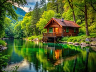 Tranquil River Cabin Surrounded by Lush Greenery and Serene Water in a Picturesque Landscape