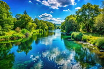 Obraz premium Tranquil River Scene Surrounded by Lush Greenery Under a Clear Blue Sky on a Peaceful Day