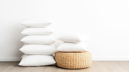 Stack of white pillows beside a wicker pouf on a light wood floor against a white wall in a minimalist setting