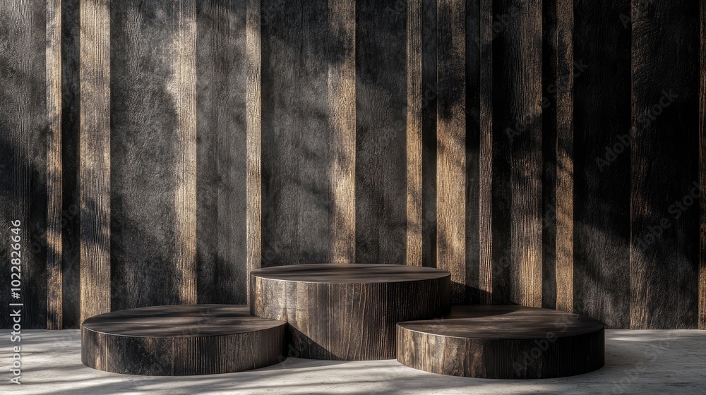 Aufkleber 3D cosmetic backdrop featuring a podium and rustic black wood design for product display 3D rendering visualization