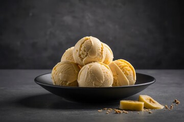 Banana ice cream balls in nice plate on grey background. grey background with delicious frozen bananas