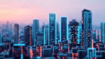 Naklejka premium Modern city skyline at dusk with illuminated buildings and vibrant colors.