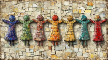 Colorful mosaic figures representing unity and diversity, arranged in a vibrant display.