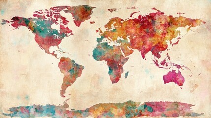 A minimalist world map in vibrant colors, ideal for wallpaper or educational backgrounds, with continents in bright hues.