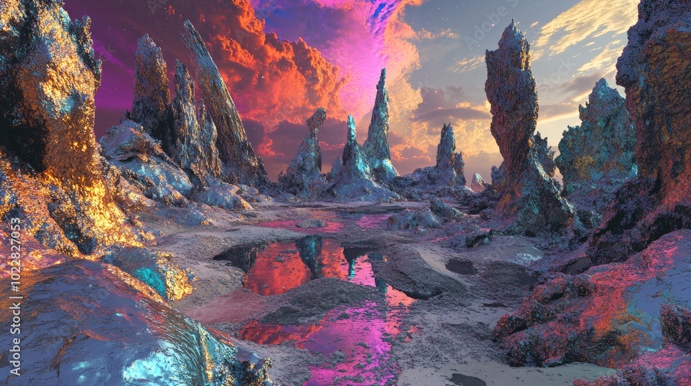 Aufkleber 3d rendering of a fantastical landscape featuring metallic rocks in a vibrant imaginative setting