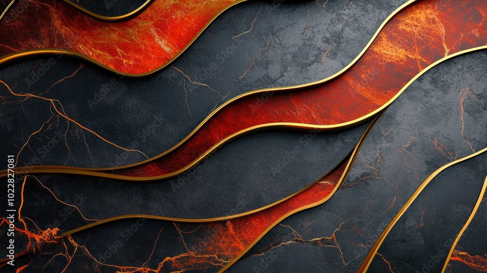 Poster 3D modern mural design featuring golden lines and red shapes with a marble effect on a dark black background suitable for canvas prints and carpet designs