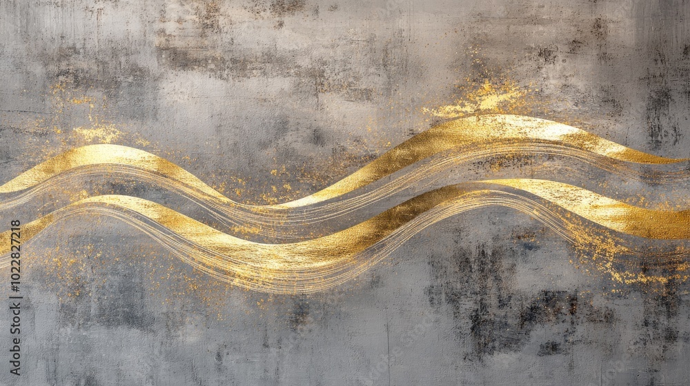 Poster abstract artwork featuring shimmering gold wavy lines on a textured concrete backdrop ideal for wall