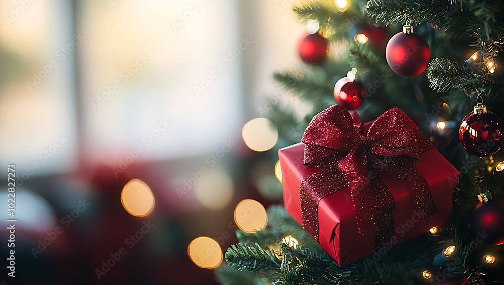 Poster Christmas present box with a bow on a decorated tree against a blurred background. : Generative AI