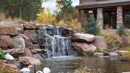 Fototapeta premium A modern home with a luxurious water feature, including a waterfall and a pond where white and black swans swim gracefully.