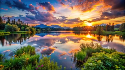 Fototapeta premium Tranquil sunset over a serene lake surrounded by lush greenery and distant mountains in twilight