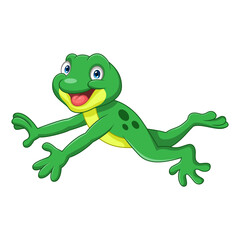 Obraz premium Cartoon funny frog leaping on white background