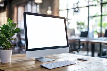 A modern computer with a blank screen sits on a wooden desk in a contemporary office.