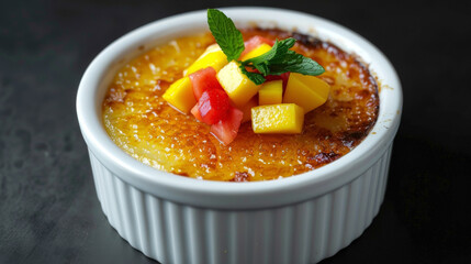 Coconut Cr&egrave;me Br&ucirc;l&eacute;e in a ramekin centered against a black background, highlighting the coconut milk custard, caramelized sugar, shredded coconut flakes, mango coulis, and tropical fruit salad.