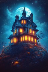 Mysterious haunted house under full moon at night