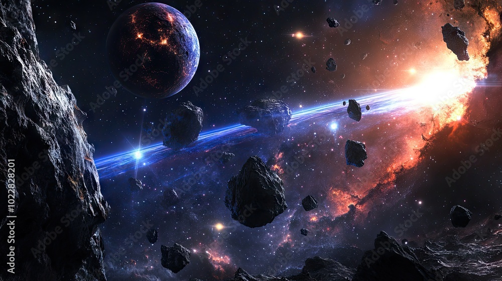 Poster a panoramic 3d view of a star system with colorful planets and asteroid belts scattered across space