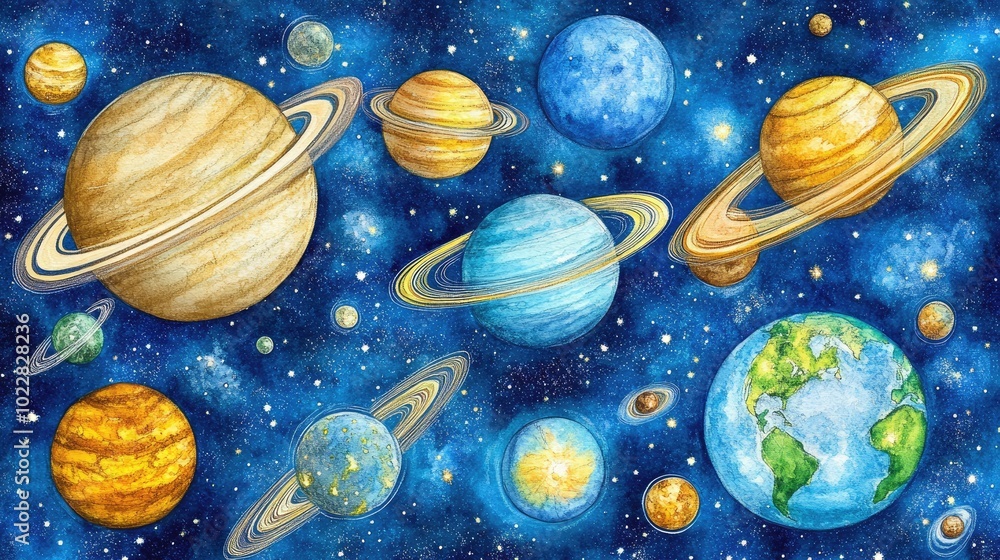 Poster a panoramic 3d view of a star system with colorful planets and asteroid belts scattered across space