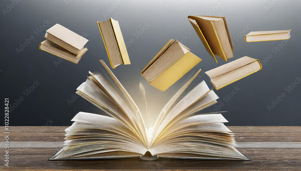 Poster an open book radiates light as multiple books hover above it, creating a magical reading atmosphere 